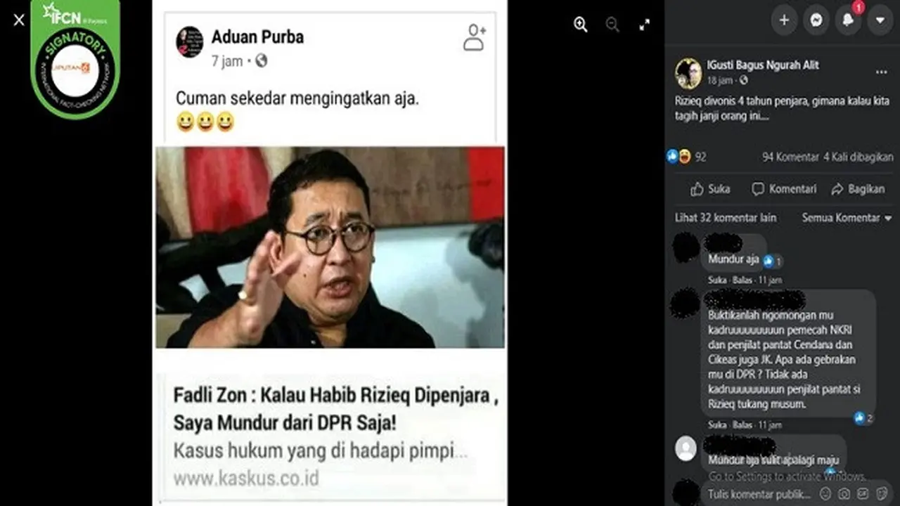 Gambar Tangkapan Layar Kabar Hoaks Fadli Zon akan Mundur dari DPR Jika Rizieq Shihab Dipenjara (sumber: Facebook).
