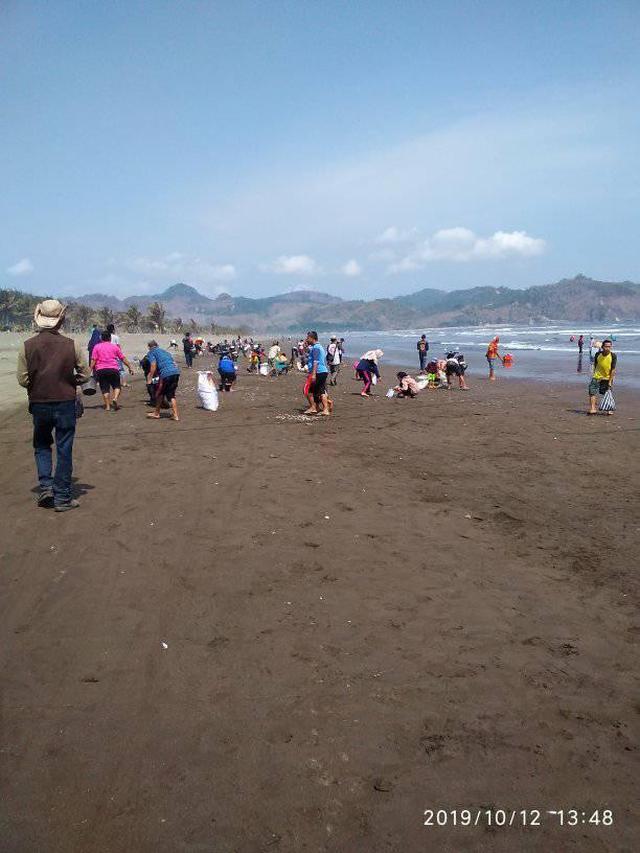 Ratusan orang memunguti jutaan ikan mati di Pantai Jetis, Cilacap, Jawa Tengah, Sabtu, 12 Oktober 2019. (Foto: Liputan6.com/Sarjono HNSI/Muhamad Ridlo)