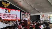 Sekjen Partai Gerindra Ahmad Muzani dalam Konsolidasi Kader Partai Gerindra Daerah Pemilihan (Dapil) 8 di Lapangan Blok S, Jakarta Selatan, Minggu (23/7/2023). (Liputan6.com/Winda Nelfira)