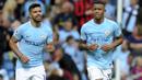 Pemain Manchester City, Sergio Aguero mencetak satu gol saat melawan Liverpool pada lanjutan Premier League di Etihad Stadium, Manchester, (9/9/2017). City menang 5-0. (AP/Rui Vieira)