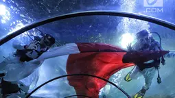 Penyelam membentangkan bendera Merah Putih untuk memperingati HUT Ke-73 Republik Indonesia di Seaworld Ancol, Jakarta, Jumat (17/8). Pengibaran bendera melibatkan para penyelam profesional dan artis peran Marsha Aruan. (Liputan6.com/Faizal Fanani)