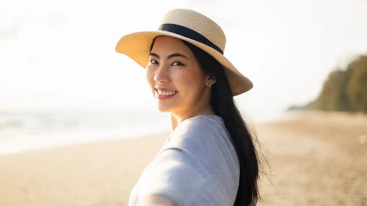 santai di pantai memaki topi bahagia