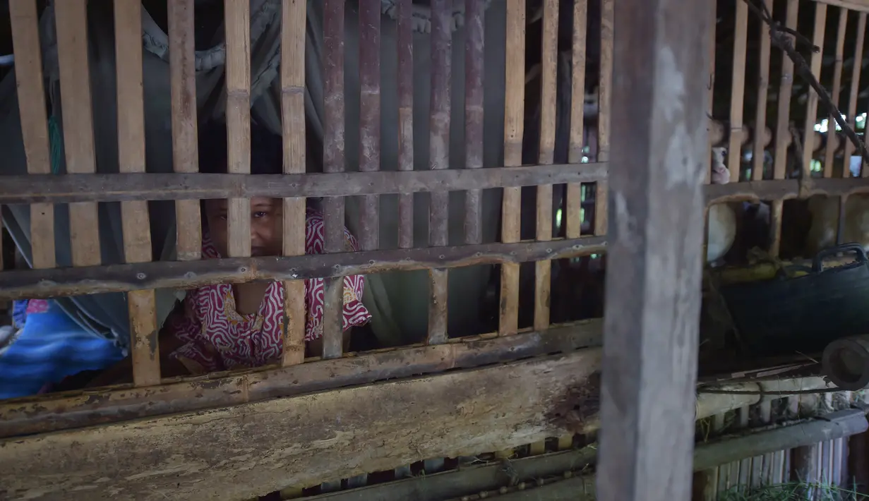 Seorang wanita mengintip dari cela - cela jendela di yayasan Bina Lestari Mandiri, Brebes, Jawa Tengah (16/3). Pasien pasung digambarkan hidup terbelenggu, dirantai, dan mengalami trauma dalam ruangan sempit atau klaustrofobia. (Adek BERRY / AFP )