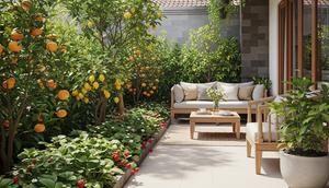 Inspirasi Desain Teras Rumah Tropis dengan Kebun Buah Mini di Pinggir (Sumber: gemini.com)