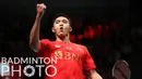 Selebrasi atlet bulutangkis tunggal putra Indonesia, Jonatan Christie usai mengalahkan wakil Malaysia di ajang Piala Thomas 2020 yang berlangsung di Denmark, Jumat (15/10/2021). (Badminton Photo/Yves Lacroix)