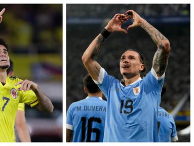 Dua raksasa Amerika Selatan, Argentina dan Brasil kompak kalah dari lawan-lawannya pada laga lanjutan Kualifikasi Piala Dunia 2026 Zona Conmebol, Jumat (17/11/2023) pagi WIB. Argentina yang dperkuat Lionel Messi dan berstatus pemuncak klasemen sementara menyerah 0-2 dari tamunya Uruguay. Sementara Brasil yang bertandang ke markas Kolombia keok 1-2 dan harus turun ke peringkat ke-5 klasemen sementara. Uniknya, biang kerok kekalahan dari kedua raksasa Amerika Selatan tersebut adalah berkat gol-gol dua pemain asal Liverpool, Darwin Nunez di kubu Uruguay dan David Luiz di kubu Kolombia. (Kolase Foto AFP)