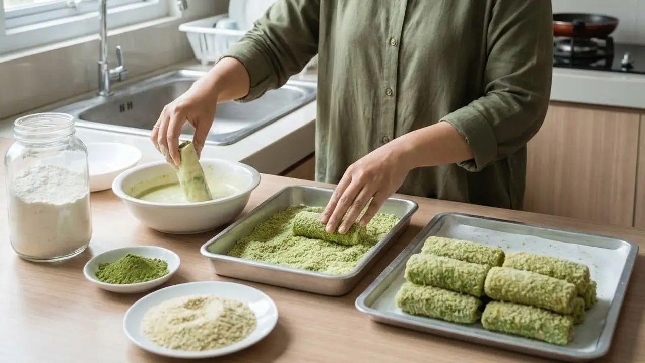 Tahap Pelapisan pada Risol Matcha (Gemini AI)