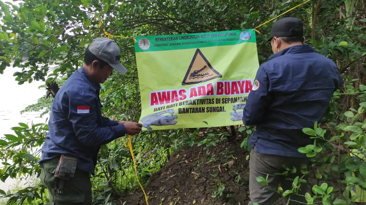 Papan imbauan untuk waspada buaya di Parengan Lamongan. (Dian Kurniawan/Liputan6.com)