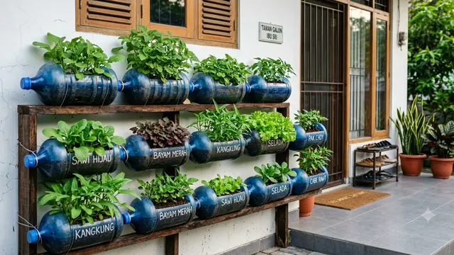 Desain Kebun Sayur Mini dari Galon Bekas untuk Teras Rumah. AI Generated