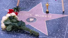 Sebuah replika piala Oscar diletakkan di bintang Hollywood Walk of Fame aktor Chuck Norris, di Los Angeles, Amerika Serikat, Jumat 20 Maret 2026. Bintang laga legendaris, Chuck Norris, meninggal dunia pada Kamis 19 Maret 2026. (AP Photo/Chris Pizzello)