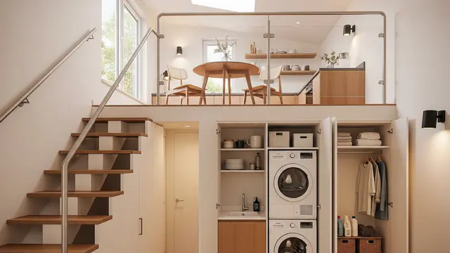 Inspirasi Rumah Kecil Mezzanine dengan Area Laundry Tersembunyi di Bawah Tangga/ Ilustrasi gambar AI