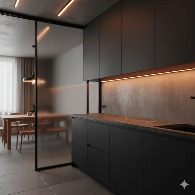 Desain Dapur Rumah Type 36 Ukuran 2x2 Meter dengan Partisi Kaca Geser ke Ruang Makan by Gemini
