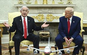 Presiden Amerika Serikat (AS) dan Perdana Menteri Israel, Benjamin Netanyahu, di Gedung Putih pada Senin (7/4/2025). (Dok. Pool via AP)