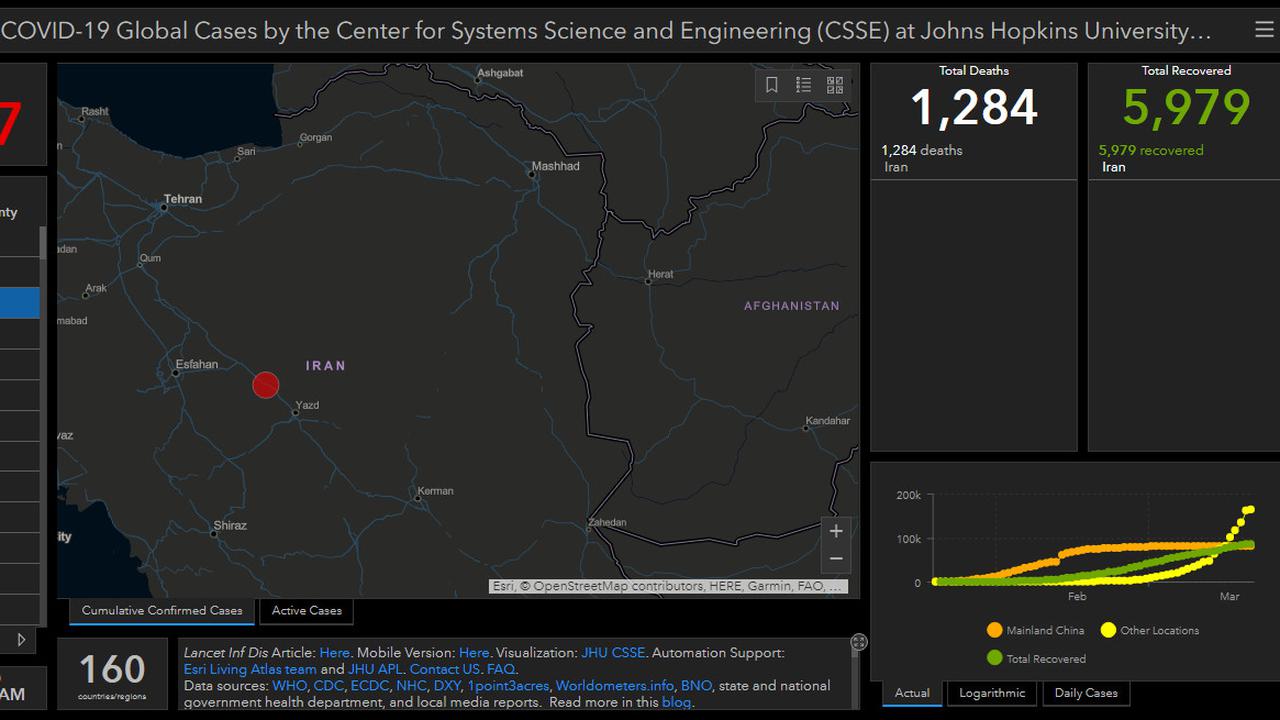 Peta persebaran Virus Corona COVID-19 di Iran per Jumat 20 Maret 2020 pukul 12.00. (https://gisanddata.maps.arcgis.com/)
