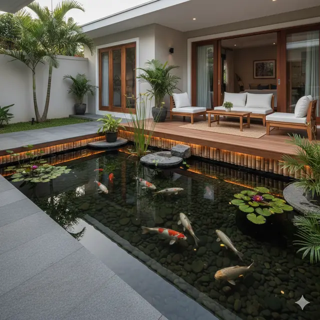 Model Teras Rumah Dekat Kolam Ikan