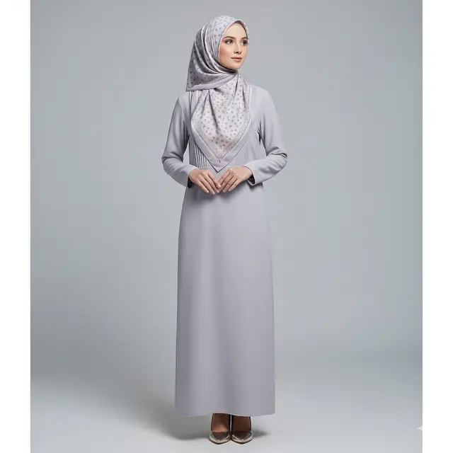 Inspirasi Dress Panjang Polos Minimalis Kombinasi Kerudung Muslim.