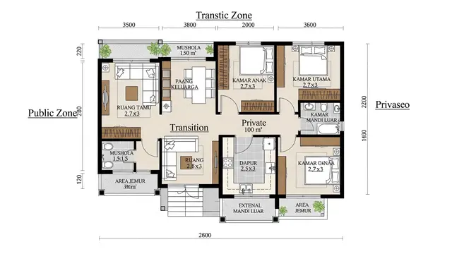 Denah Desain Rumah 8x12 dengan 3 Kamar dan Mushola