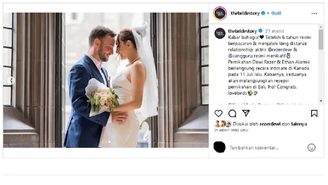 Dewi Rezer menikah usai 6 tahun pacaran LDR dengan Ethan Alarmk (foto: instagram thebridestory/@prito.reza)