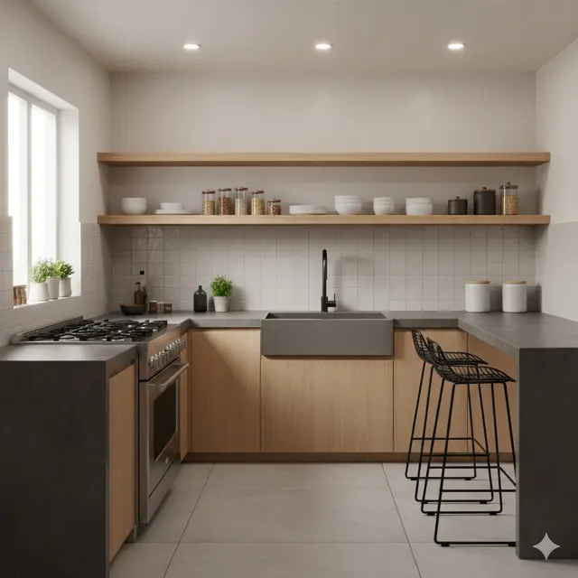 Dapur Kecil Bentuk U dengan Meja Semen dan Rak Ambalan Dinding Warna Kayu