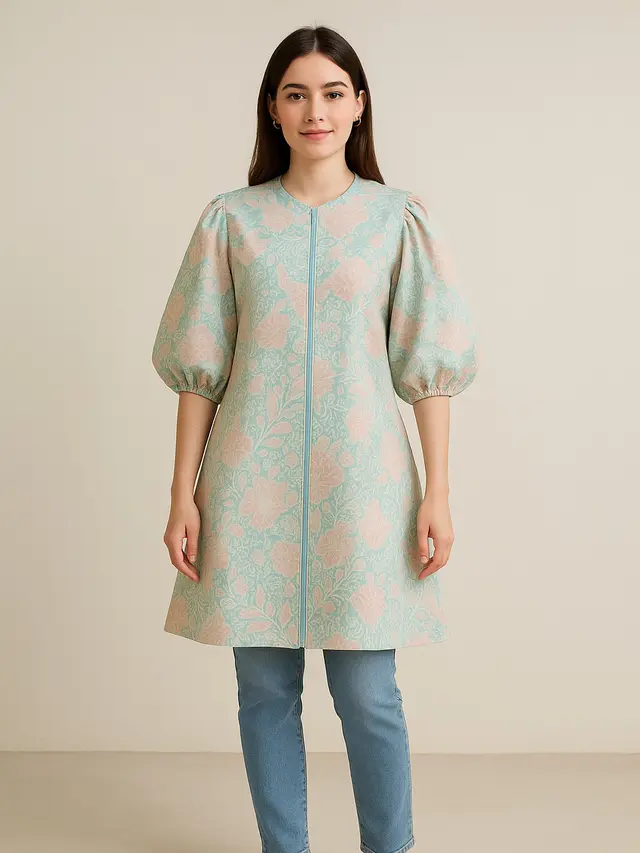 Model Tunik Batik Resleting Depan Kombinasi Lengan Balon
