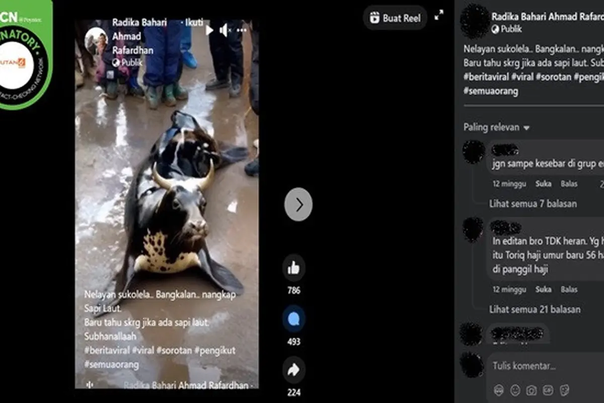 Gambar tangkapan layar video yang diklaim hewan 'sapi laut' terdampar di Bangkalan, Madura, Jawa Timur. (sumber: Facebook)
