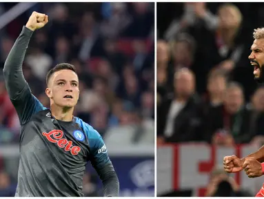 Ekspresi dari Giacomo Raspadori (kiri) usai Napoli menunjukkan penampilan luar biasa saat mengalahkan Ajax Amsterdam 6-1 pada matchday ketiga Grup A Liga Champions 2022/2023. Dan eskpresi dari Eric Maxim Choupo-Moting (kanan) saat Bayern Munchen mengalahkan Viktoria Plzen dengan skor 5-0 di Allianz Arena, Jerman, Selasa (4/10/2022) malam WIB. (AFP/Francois Walschaerts, Christof Stache)