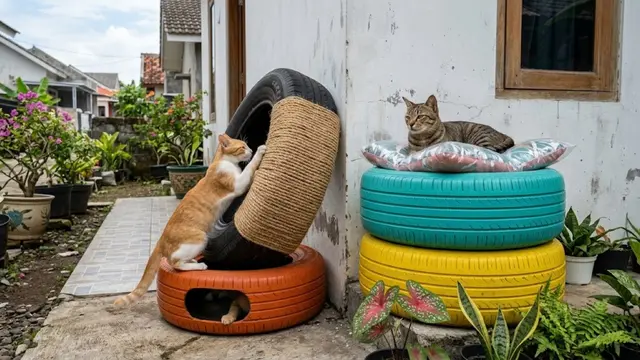 Ide Tempat Bermain Kucing dari Barang Bekas