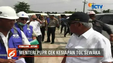 Menteri PUPR Basuki Hadimuljono meninjau pembangunan proyek Tol Trans Jawa di Exit Gandulan, Pemalang, Jawa Tengah.