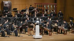 Diberi nama "EveR 6", robot setinggi lima kaki sepuluh inci (1,8 meter) ini memandu lebih dari 60 musisi Orkestra Nasional Korea yang memainkan alat musik tradisional Korea. (Photo by National Theater of Korea / AFP)