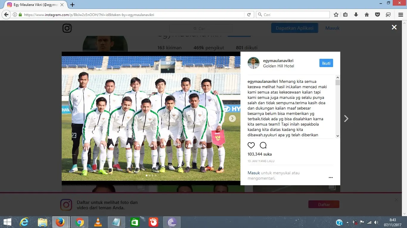 Gelandang timnas Indonesia U-19, Egy Maulana Vikri minta maaf usai kalah 1-4 dari Malaysia. (Instagram)