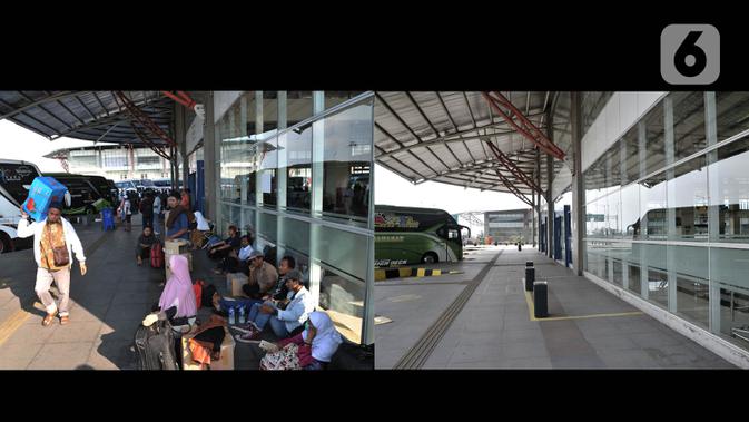 Foto kombo yang menunjukkan aktivitas pemudik pada H-8 Idul Fitri tahun lalu di Terminal Pulo Gebang, Jakarta, Selasa (28/5/2019) dan suasana sepi arus mudik akibat pandemi virus corona COVID-19 di Terminal Pulo Gebang, Minggu (17/5/2020). (merdeka.com/Iqbal S. Nugroho)