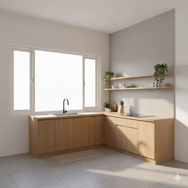 Desain Dapur Kecil Bentuk L dengan Material Kayu yang Cantik