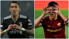 Foto kolase selebrasi pemain Juventus Angel Di Maria (kiri) setelah mencetak hattrick ke gawang Nantes dan selebrasi pemain AS Roma, Paulo Dybala (kanan) setelah mencetak gol penentu saat menjamu Salzburg dalam laga leg kedua play-off babak Liga Europa 2022/2023, Jumat (24/2/2023). (AP Photo/Mathieu Pattier, AFP/Filippo Monteforte)