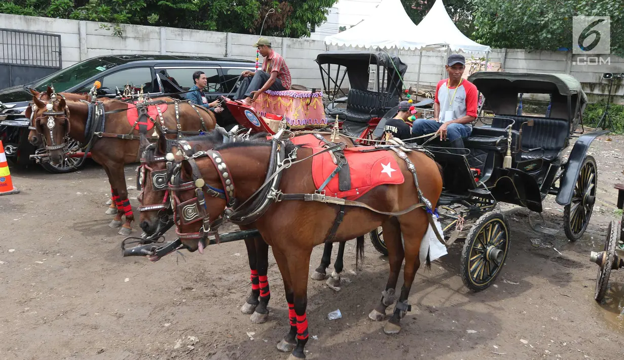 Kereta kencana yang akan digunakan dalam pernikahan Kahiyang Ayu dan Bobby Nasution tiba di Graha Saba, Solo, Selasa (7/11). Jelang pernikahan putri Presiden Jokowi,  kereta kencana disiapkan untuk mengantar Kahiyang dan Bobby. (Liputan6.com/Angga Yuniar)