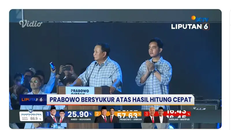 Capres dan Cawapres nomor urut 02 Prabowo Subianto-Gibran Rakabuming Raka saat pidato dan deklarasi kemenangan hasil sementara quick count Pemilu 2024 di Istora Senayan, Rabu (14/2/2024).