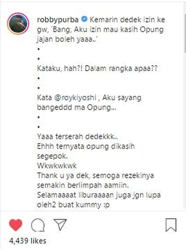 Unggahan Robby Purba di Instagram. (Foto: Dok. Instagram @robbypurba)
