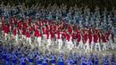 Kontingen Indonesia saat upacara pembukaan Asian Games di SUGBK, Jakarta, Sabtu, (18/8/2018).  Indonesia mengikutsertakan total 938 atlet, 365 ofisial dalam Asian Games 2018. (Bola.com/Vitalis Yogi Trisna)