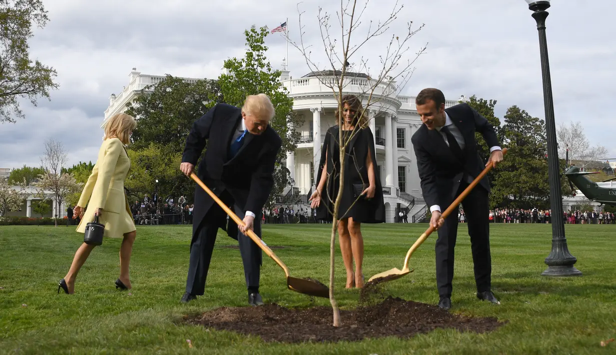 Presiden AS Donald Trump bersama Presiden Prancis Emmanuel Macron menggunakan saat upacara penanaman pohon di South Lawn Gedung Putih, Washington (23/4). (AFP Photo / Jim Watson)