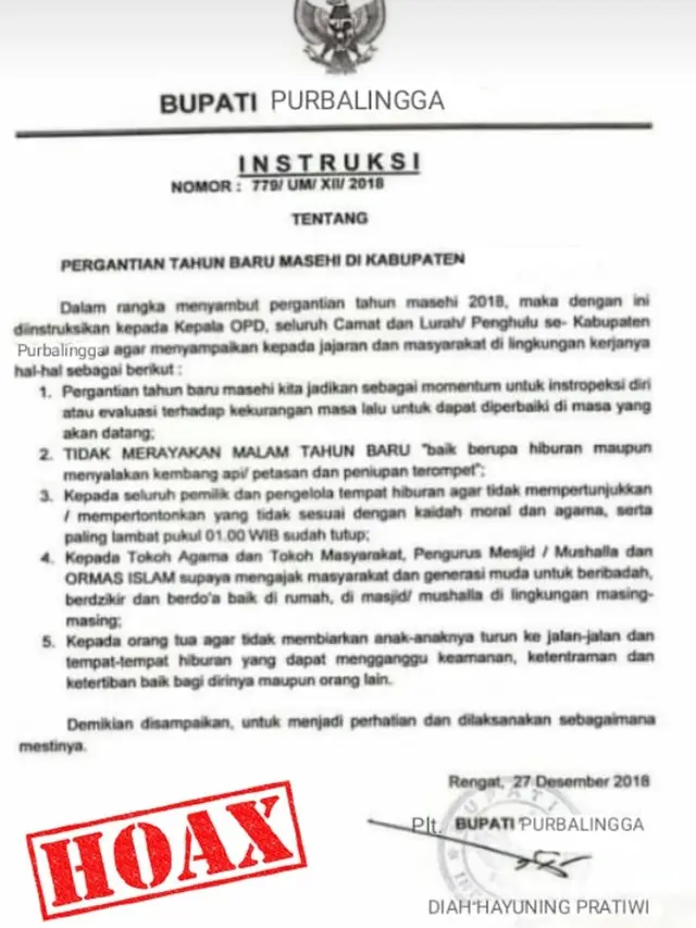 Pemkab Purbalingga memastikan Instruksi Bupati Purbalingga soal larangan perayaan tahun baru adalah palsu. (Foto: Liputan6.com/Dinkominfo PBG/Muhamad Ridlo)