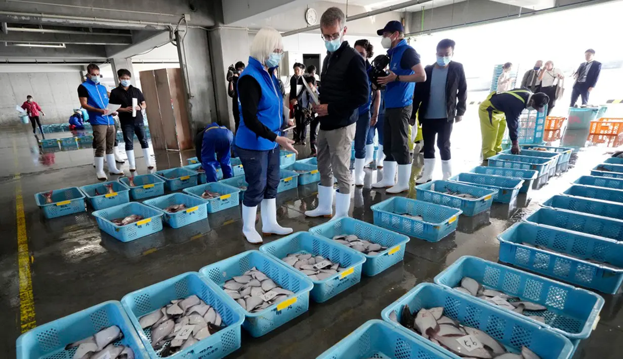 Tim IAEA yang terdiri dari para ilmuwan dari China, Korea Selatan, dan Kanada mengumpulkan sampel ikan, air dan sedimen pekan ini untuk memverifikasi temuan Jepang. (AP Photo/Eugene Hoshiko, Pool)