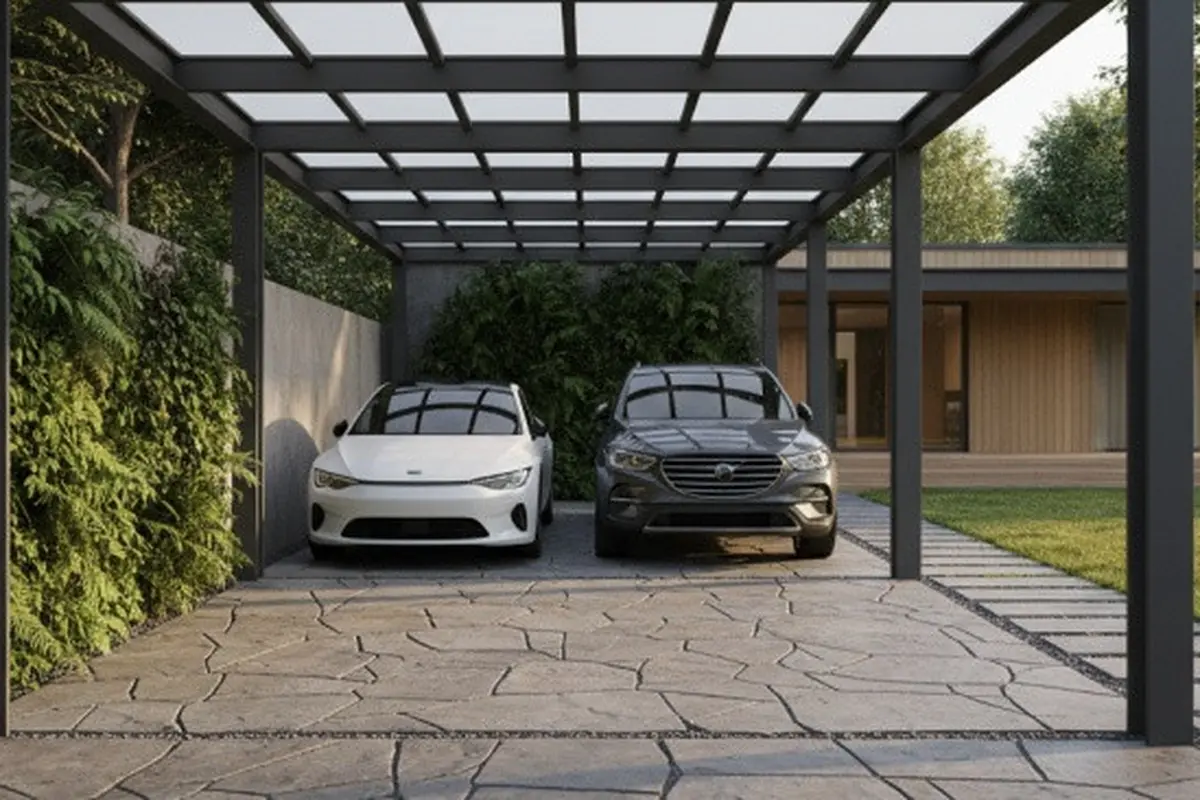 Ilustrasi Desain Carport dengan Lantai Batu Alam (Sumber: Gemini AI)