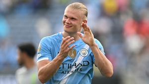 Ekspresi bahagia Erling Haaland setelah Man City mengalahkan Juventus 5-2 pada lanjutan Piala Dunia Antarklub 2025, Jumat (27/6/2025) dini hari WIB. (Chandan KHANNA / AFP)