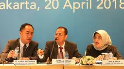 Dirut Bank BJB Ahmad Irfan (tengah), dan Direktur Keuangan Nia Kania, Pemimpin Divisi Treasury M Asadi Budiman saat analyst meeting triwulan I di Jakarta, Jumat (20/4). BJB berhasil mencatat total aset Rp110,8 trilliun di awal tahun 2018. (Liputan6.com)
