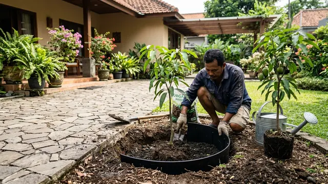 Cara Menanam Pohon Buah Dekat Teras agar Akar Tidak Mudah Mengganggu Paving Rumah (AI Generated)