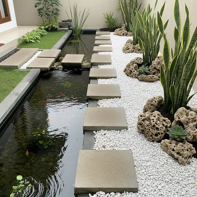 Inspirasi Kolam Ikan Mini Berpadu Taman Kering yang Minim Perawatan (AI)