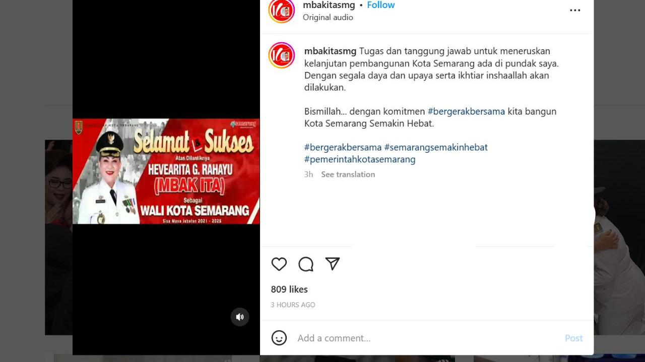 Hevearita Gunaryanti Rahayu telah resmi dilantik menjadi Wali Kota Semarang sisa masa jabatan 2021-2026.