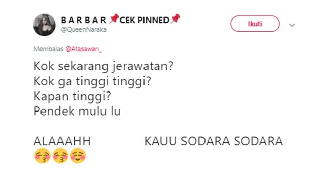 Cuitan kocak (Sumber: Twitter/ QueenNaraka)