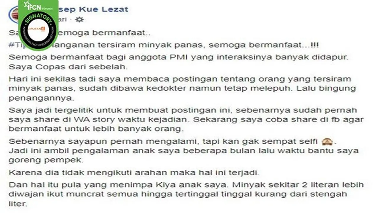 Gambar Tangkapan Layar Klaim Tepung Terigu Bisa Menyembuhkan Luka Bakar (sumber: Facebook).