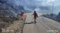 Petugas gabungan nampak berusaha memadamkan api yang membakar vegetasi tumbuhan di Lereng Gunung Ijen (Istimewa)