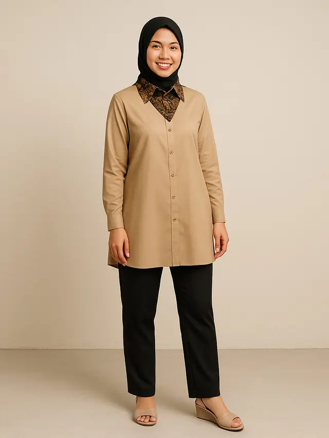 Model Tunik Batik Kombinasi Kain Polos Untuk Kerja/Ilustrasi Gambar AI